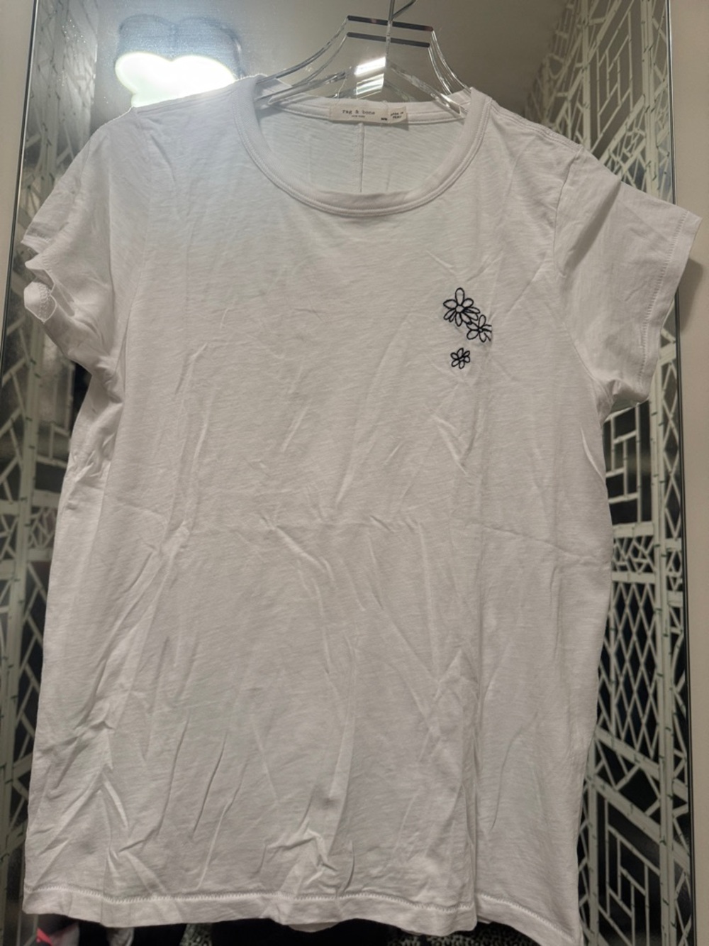 rag & bone White Crewneck Tee with Black Floral Embroidery